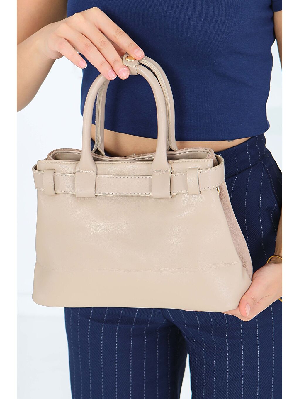 Ekru Kadın Krem Süet Detaylı El Çantası - 27842-KREM-1