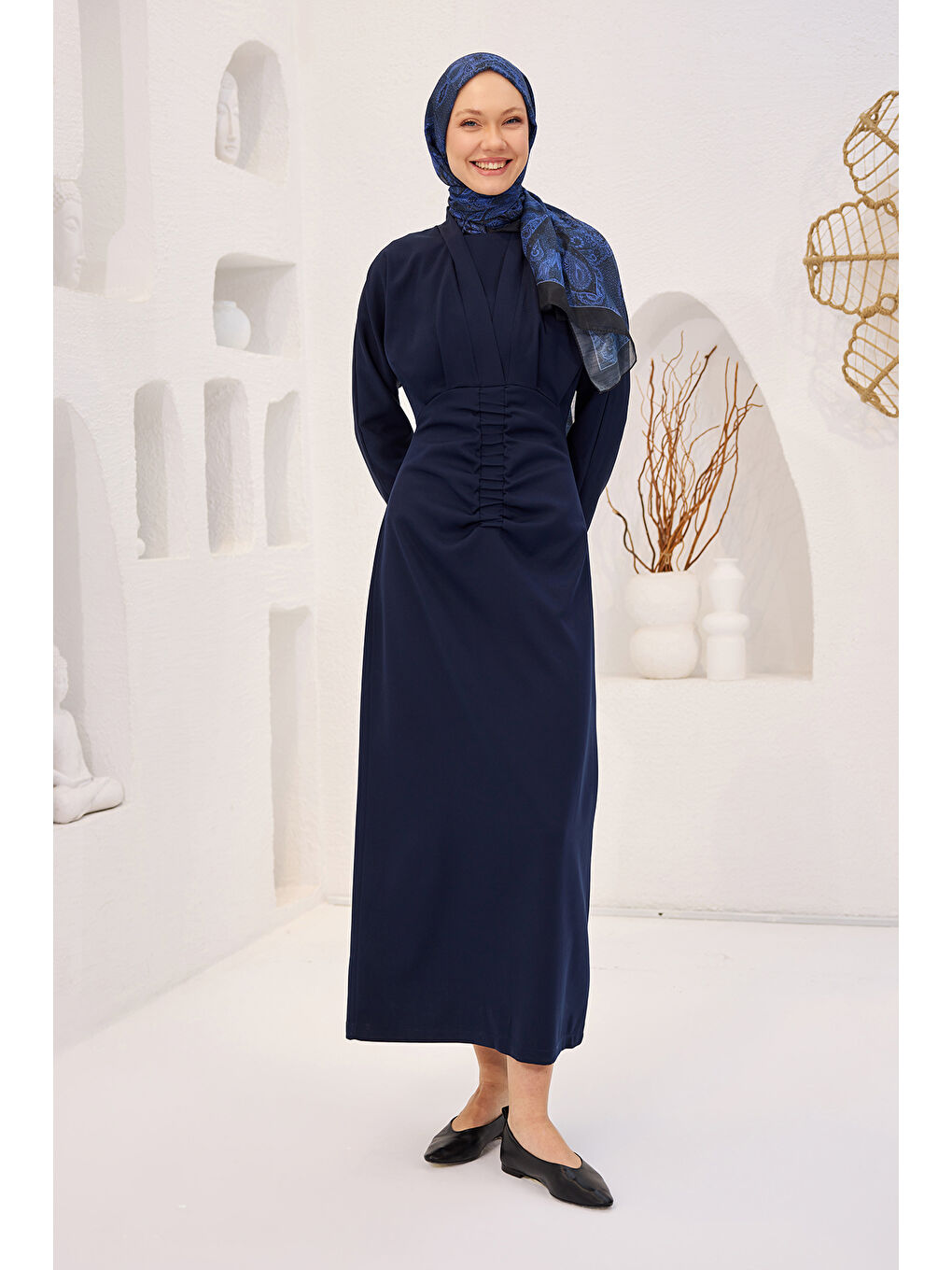 Kadın Önü Drapeli Krep Elbise  Lacivert