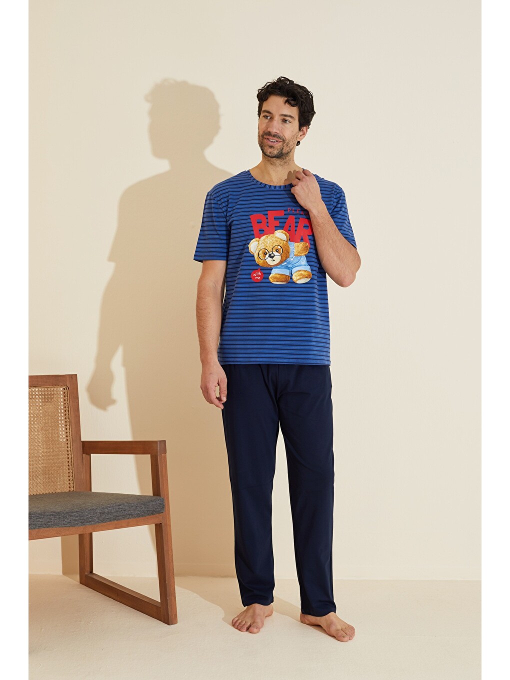 Lacivert Bisiklet Yaka Baskılı Örme Pijama Takım 25109840-1