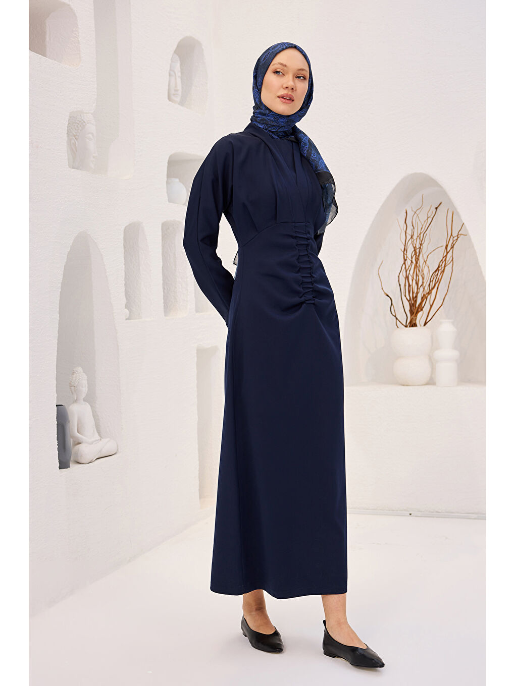 Kadın Önü Drapeli Krep Elbise  Lacivert-1