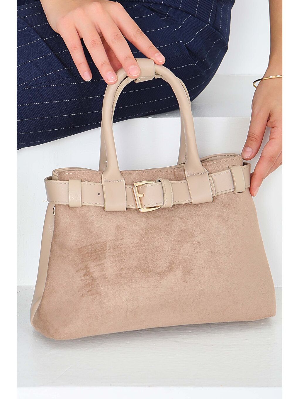 Ekru Kadın Krem Süet Detaylı El Çantası - 27842-KREM-2