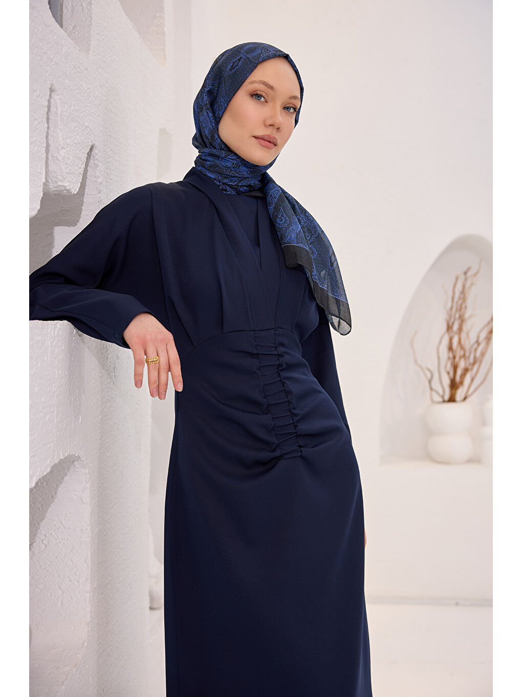 Kadın Önü Drapeli Krep Elbise  Lacivert-2