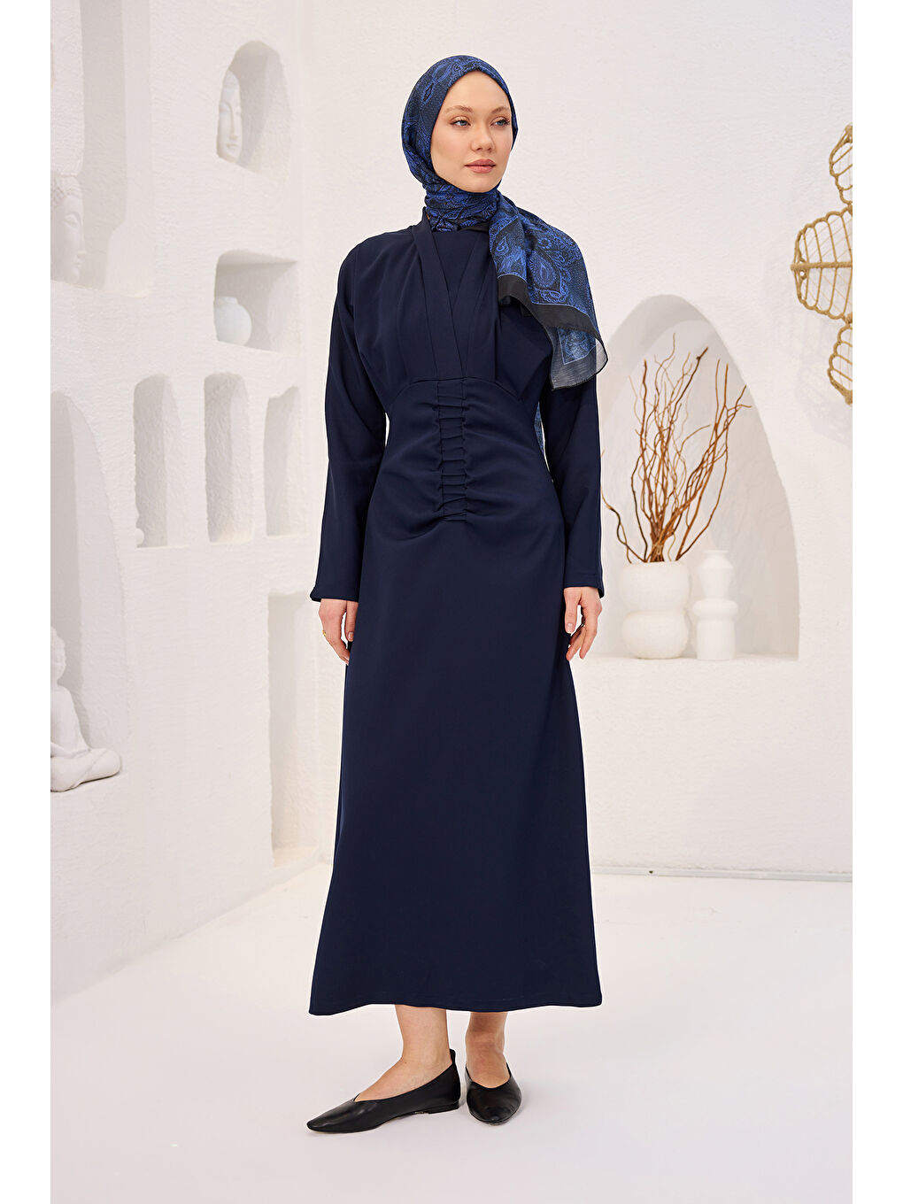 Kadın Önü Drapeli Krep Elbise  Lacivert-3