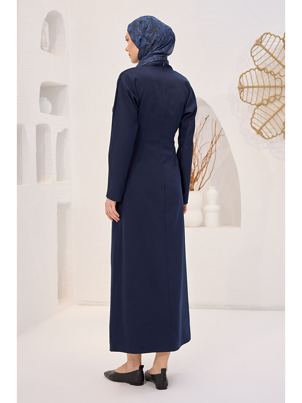 Kadın Önü Drapeli Krep Elbise  Lacivert-4