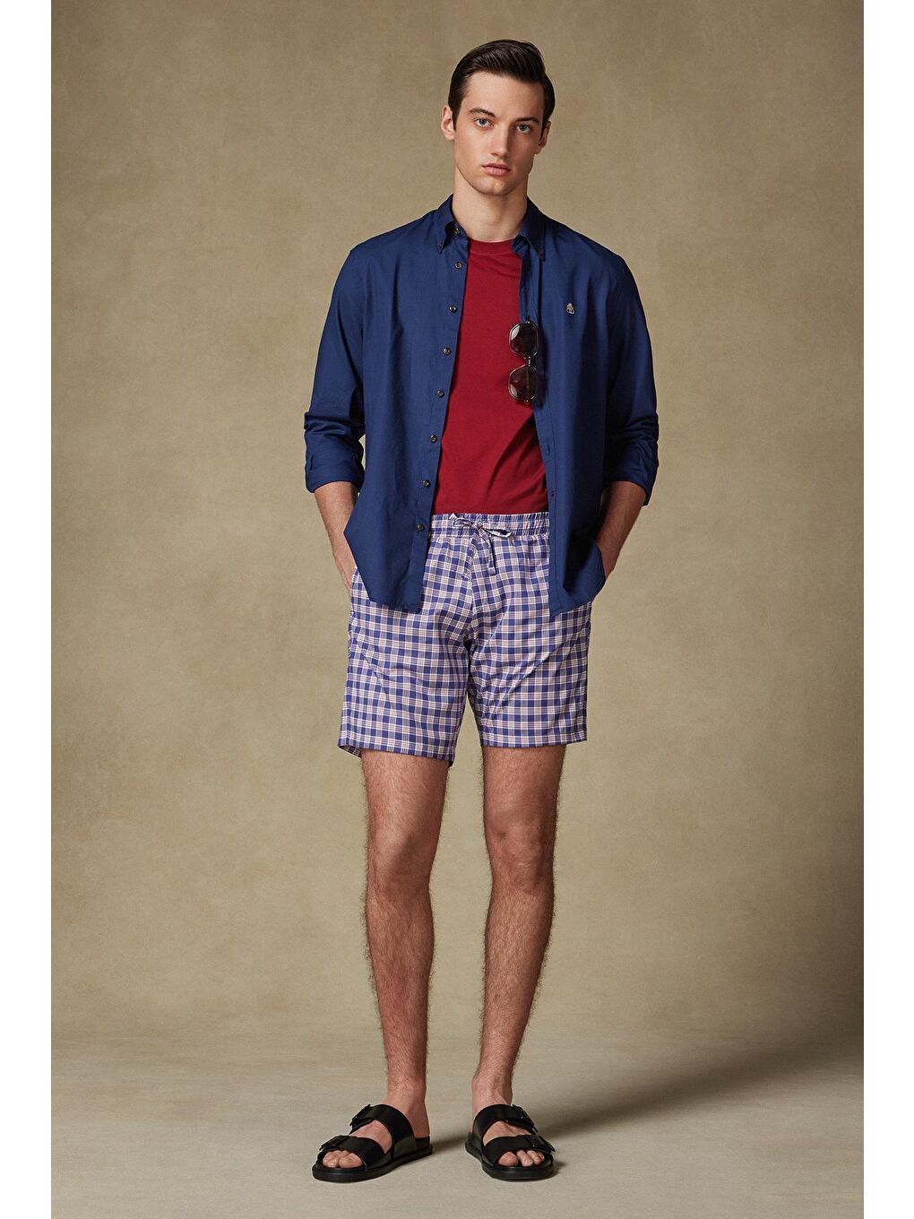 Sky Poplin Stretch Pamuk Karışımlı Comfort Fit Koyu Mavi Erkek Ekoseli Şort