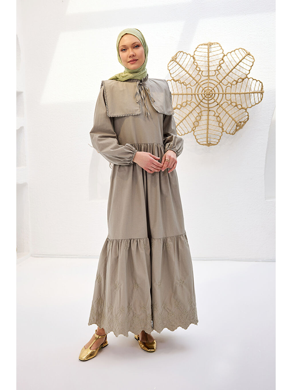 Kadın Gemici Yaka Brode Detaylı Elbise Küf Yeşil-1