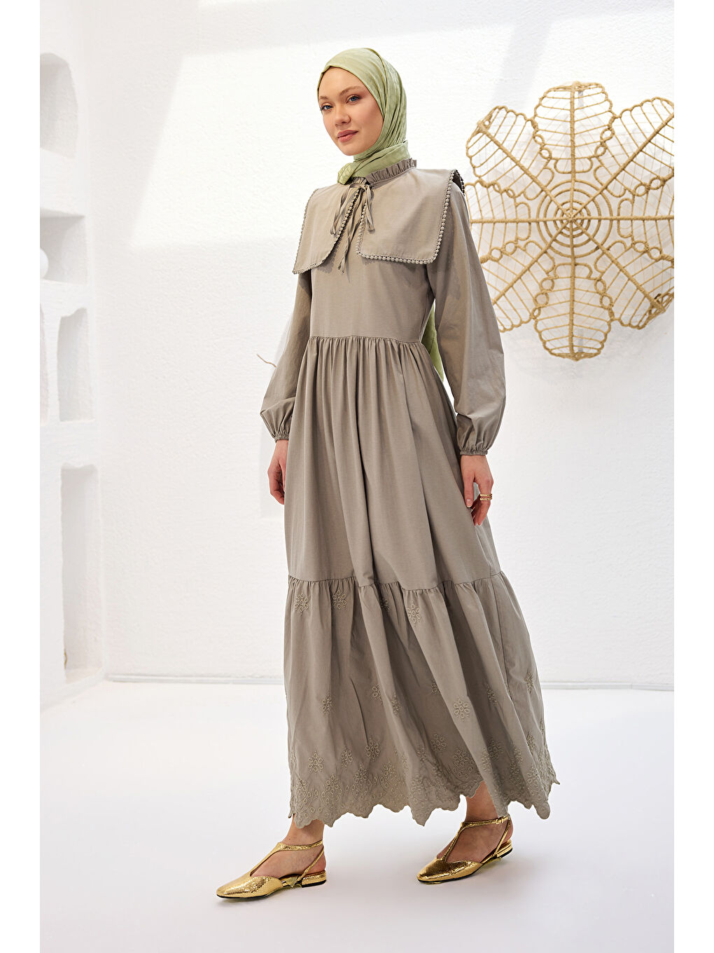 Kadın Gemici Yaka Brode Detaylı Elbise Küf Yeşil-2