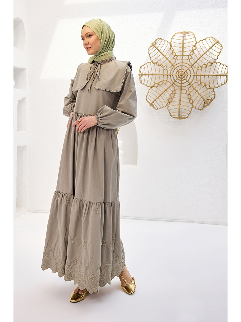 Kadın Gemici Yaka Brode Detaylı Elbise Küf Yeşil-3