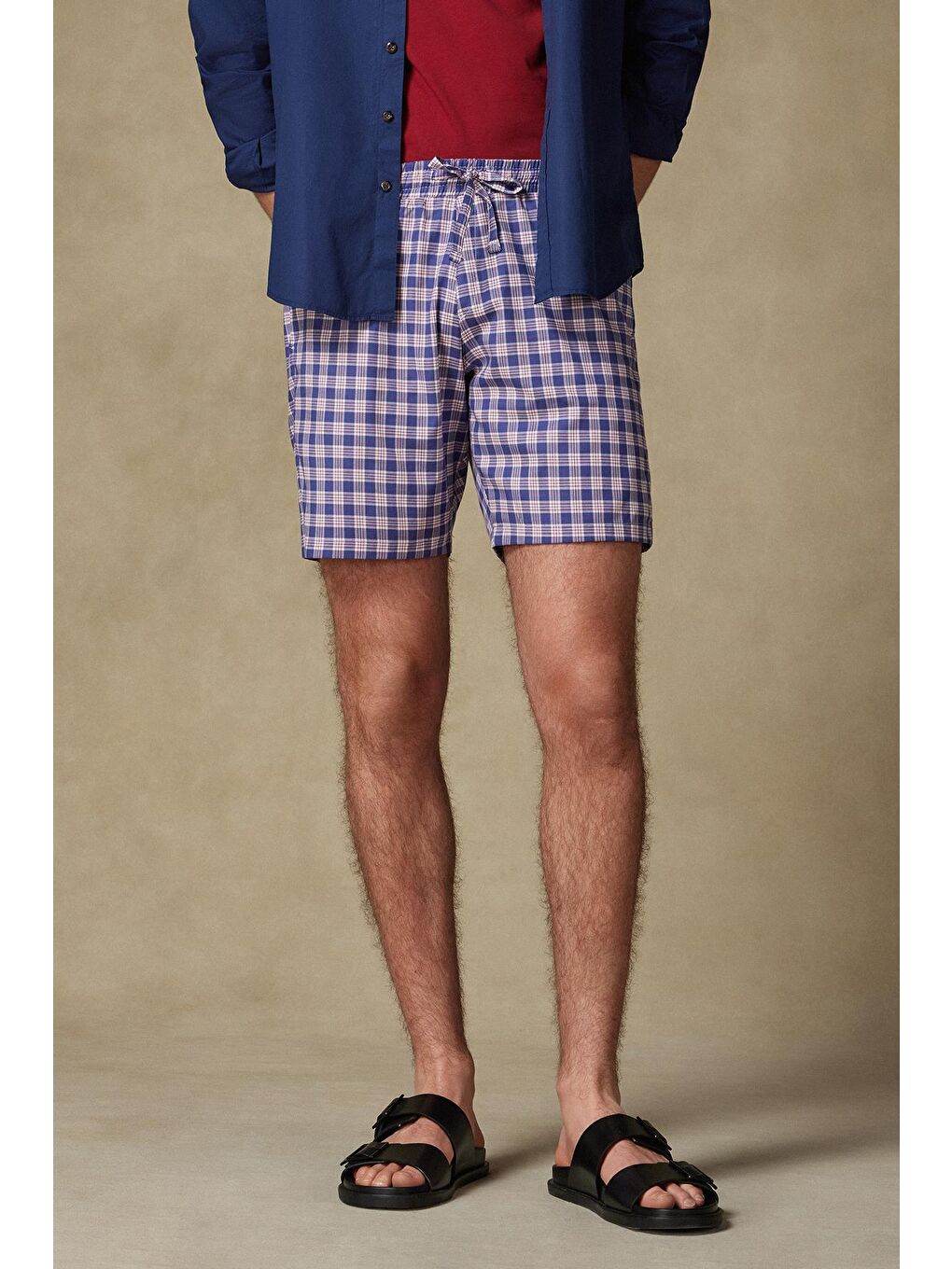 Sky Poplin Stretch Pamuk Karışımlı Comfort Fit Koyu Mavi Erkek Ekoseli Şort-1