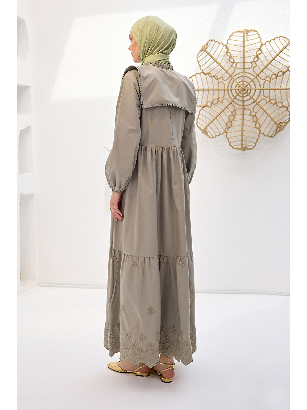 Kadın Gemici Yaka Brode Detaylı Elbise Küf Yeşil-4