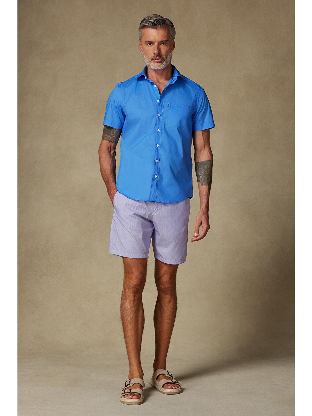 Sky Poplin Pamuklu Comfort Fit Mor Erkek Çizgili Şort