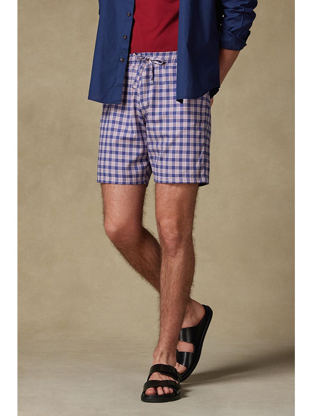 Sky Poplin Stretch Pamuk Karışımlı Comfort Fit Koyu Mavi Erkek Ekoseli Şort-2