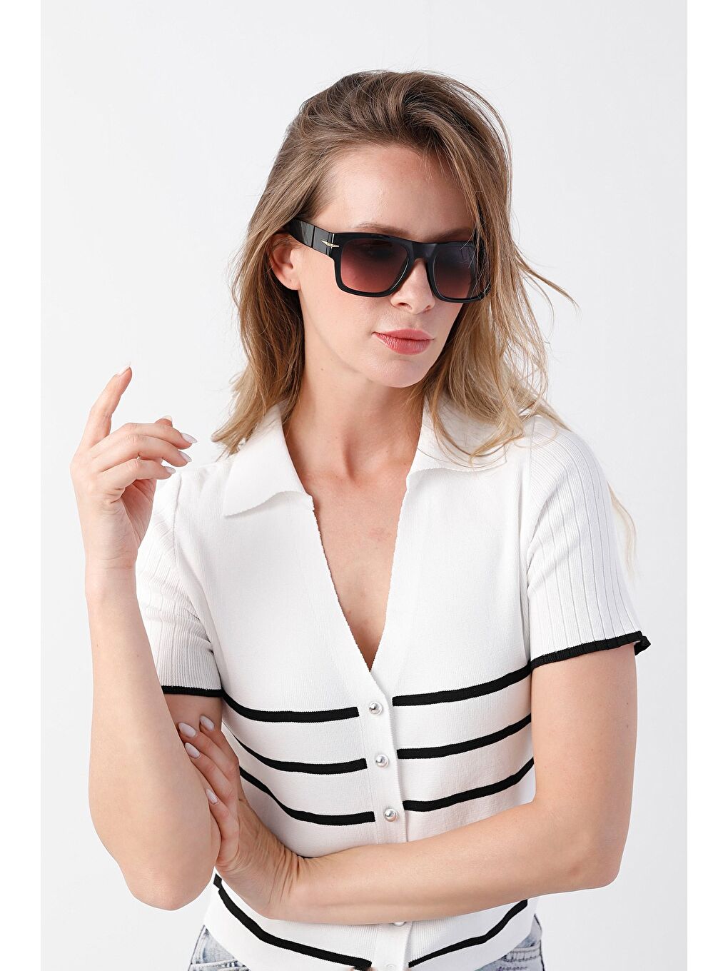 Pembe Dikdörtgen Çerçeveli Metal Aksesuarlı Güneş Gözlüğü-1