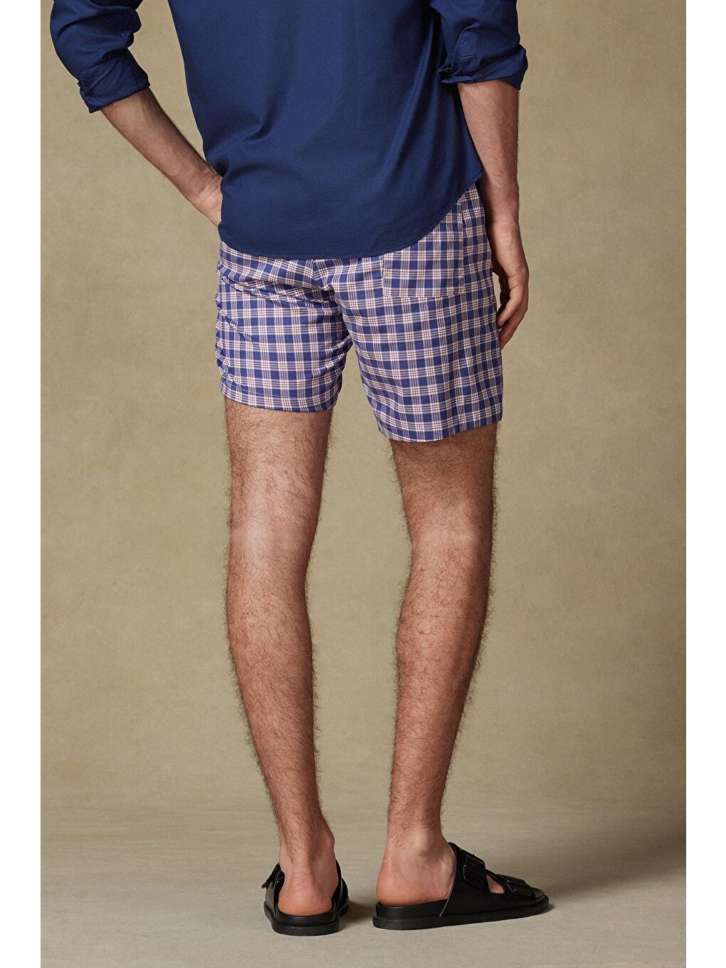 Sky Poplin Stretch Pamuk Karışımlı Comfort Fit Koyu Mavi Erkek Ekoseli Şort-3