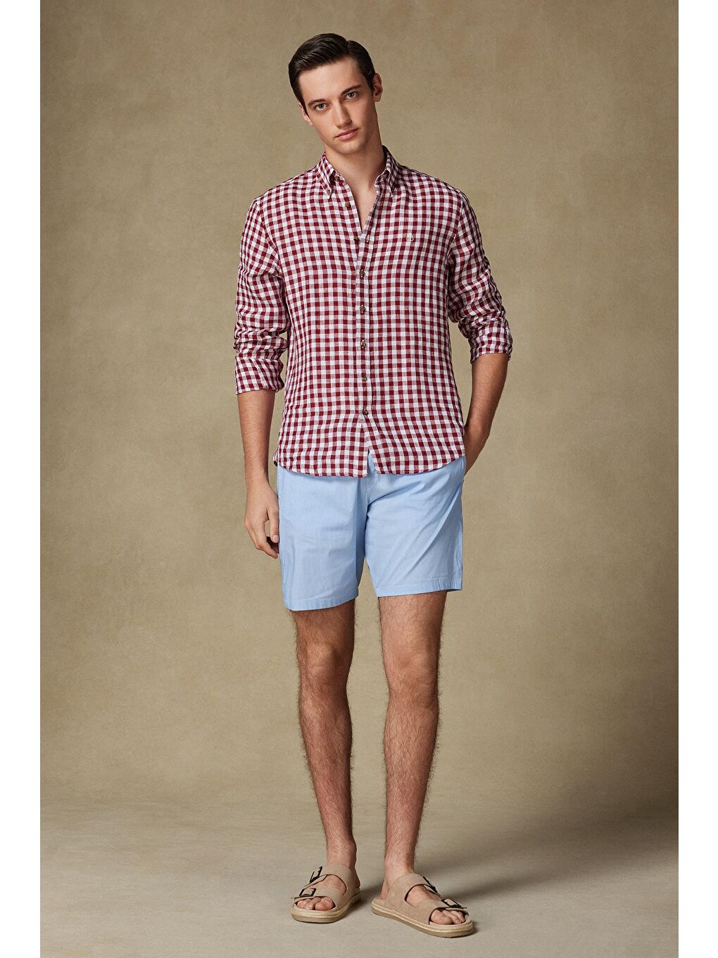 Sky Poplin Stretch Pamuk Karışımlı Comfort Fit Açık Mavi Erkek Kareli Şort