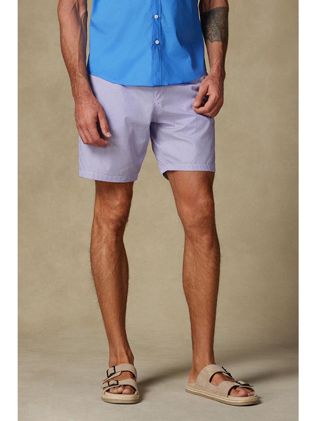 Sky Poplin Pamuklu Comfort Fit Mor Erkek Çizgili Şort-1