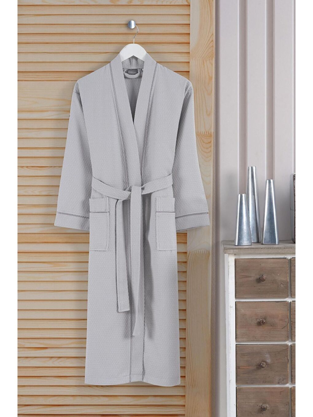Dama Serisi Kimono Yaka Pike Bornoz Sabahlık Açık Gri
