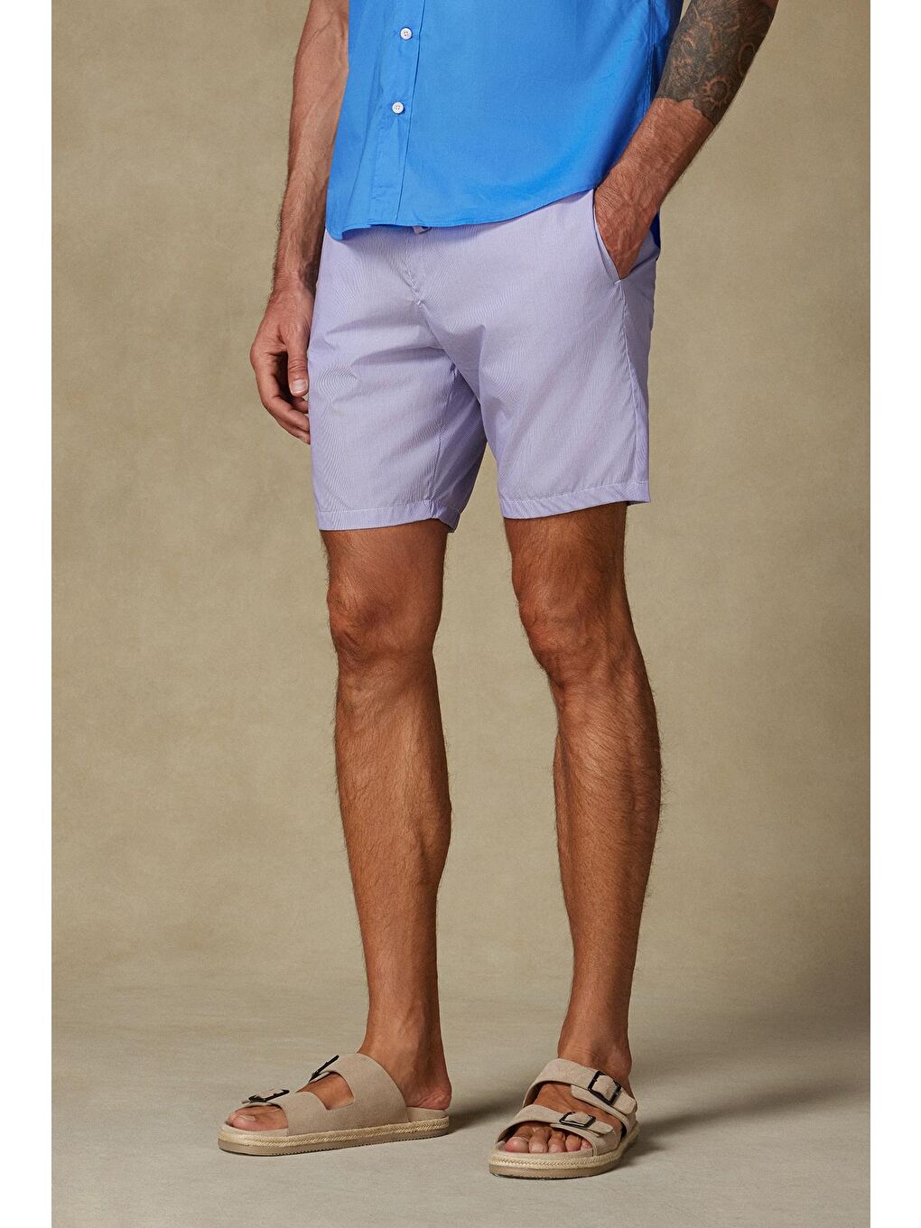 Sky Poplin Pamuklu Comfort Fit Mor Erkek Çizgili Şort-2