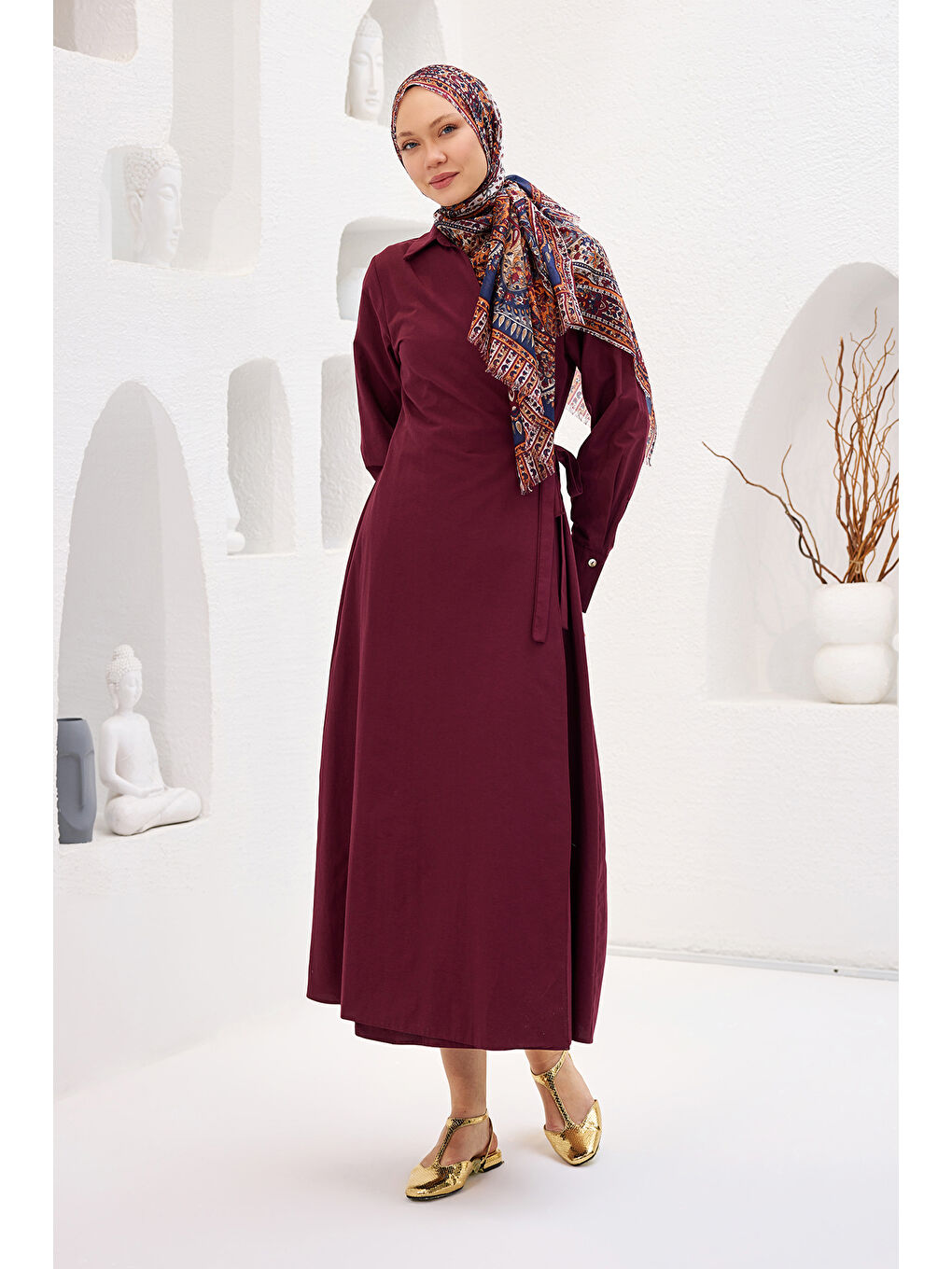 Kadın Poplin Yan Bağlamalı Elbise Bordo