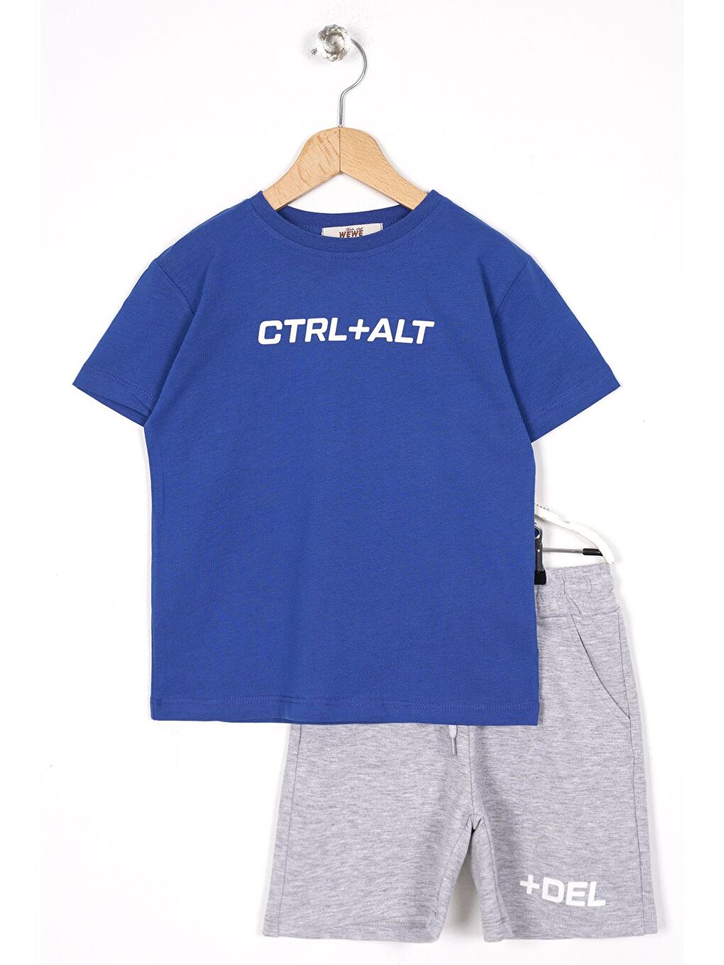 Mavi Bisiklet Yaka Yazı Baskılı Cep Detaylı Erkek Çocuk Şortlu Takım