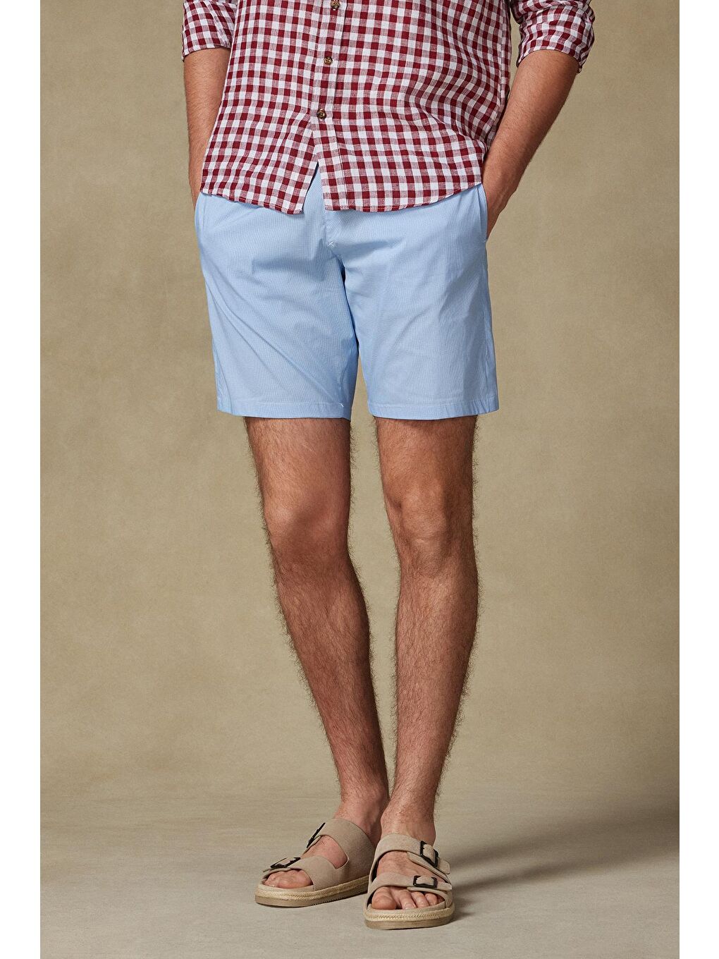 Sky Poplin Stretch Pamuk Karışımlı Comfort Fit Açık Mavi Erkek Kareli Şort-1