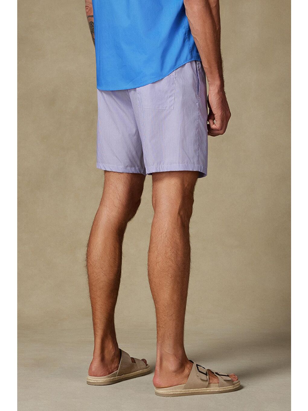 Sky Poplin Pamuklu Comfort Fit Mor Erkek Çizgili Şort-3