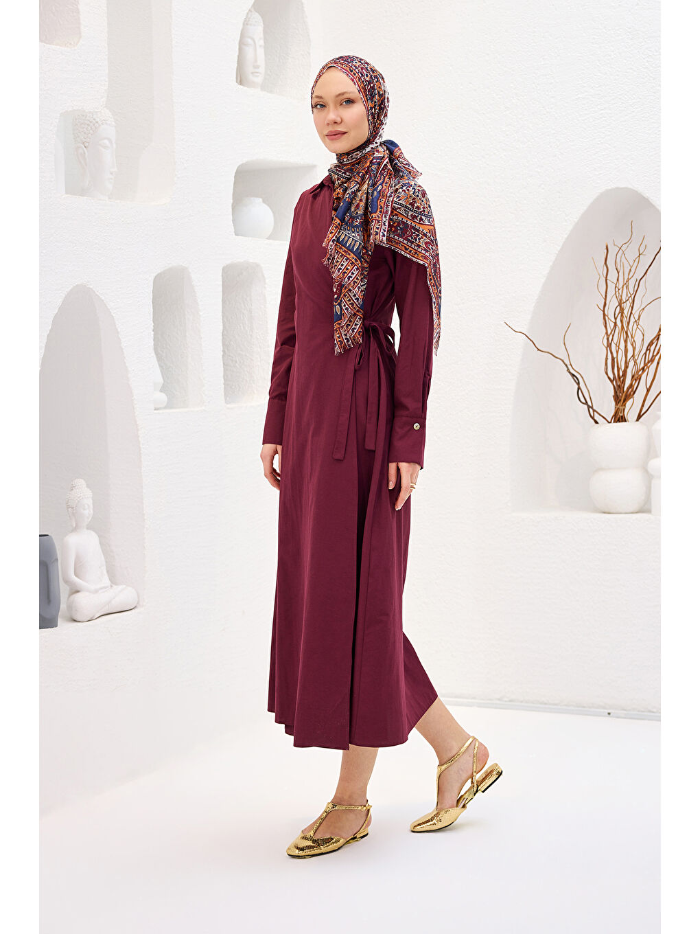 Kadın Poplin Yan Bağlamalı Elbise Bordo-1