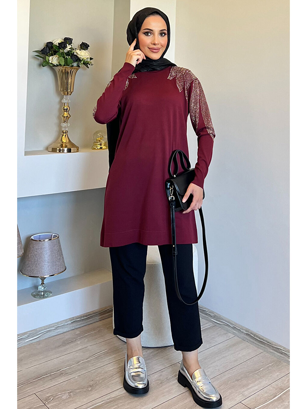 Bordo Omuz Taşlı Tesettür Triko Tunik-1