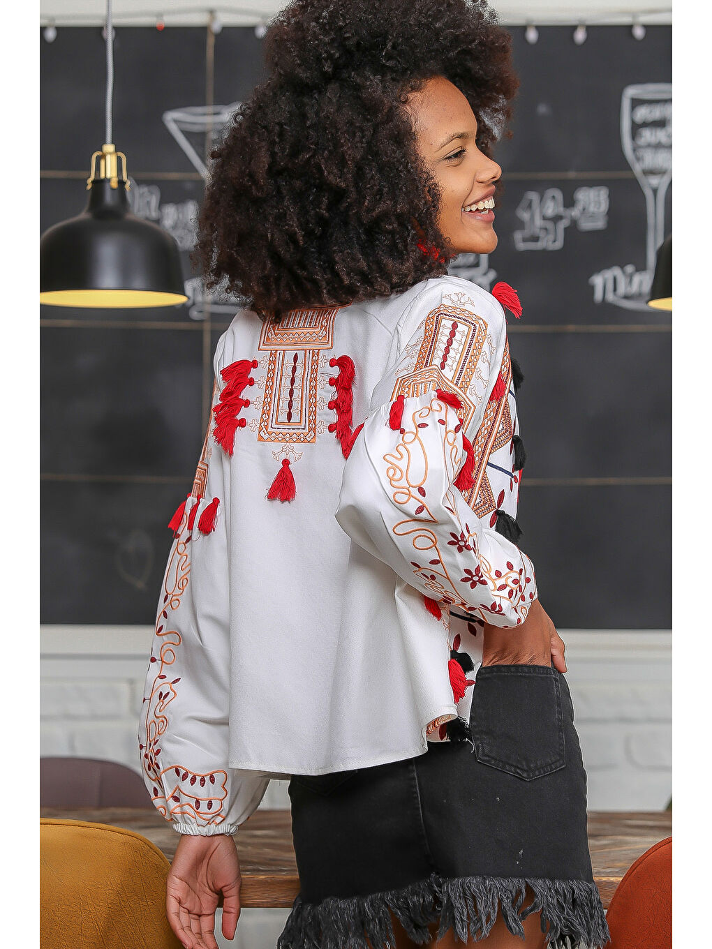 Ekru Kadın Krem Bisiklet Yaka Kendinden Düğüm Örgü Çiçek Nakışlı Triko Kazak M10010800KZ98996-7