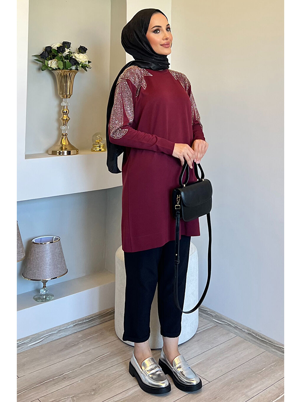Bordo Omuz Taşlı Tesettür Triko Tunik-2