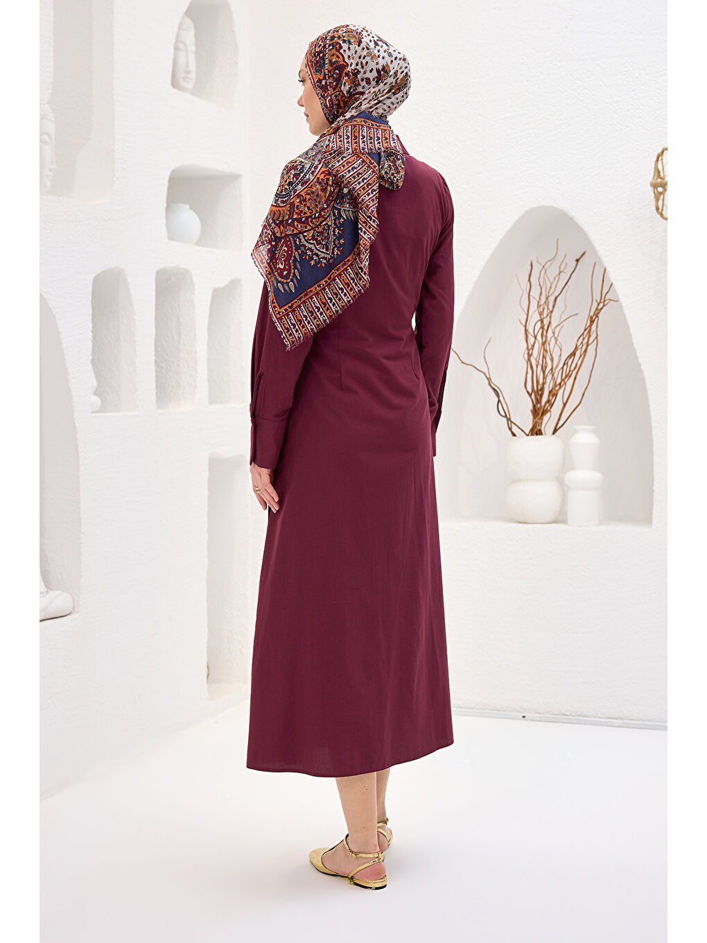 Kadın Poplin Yan Bağlamalı Elbise Bordo-2