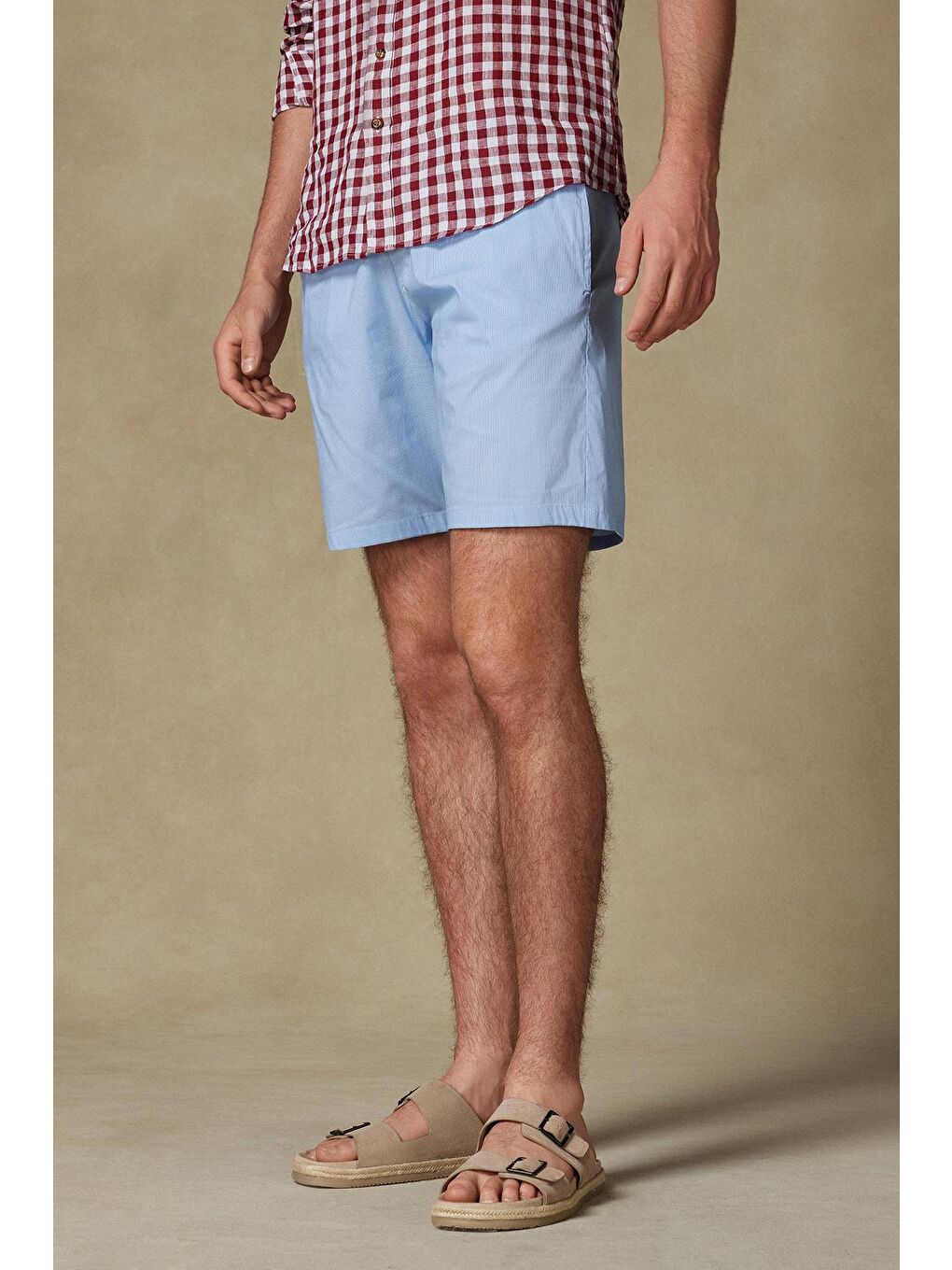 Sky Poplin Stretch Pamuk Karışımlı Comfort Fit Açık Mavi Erkek Kareli Şort-2