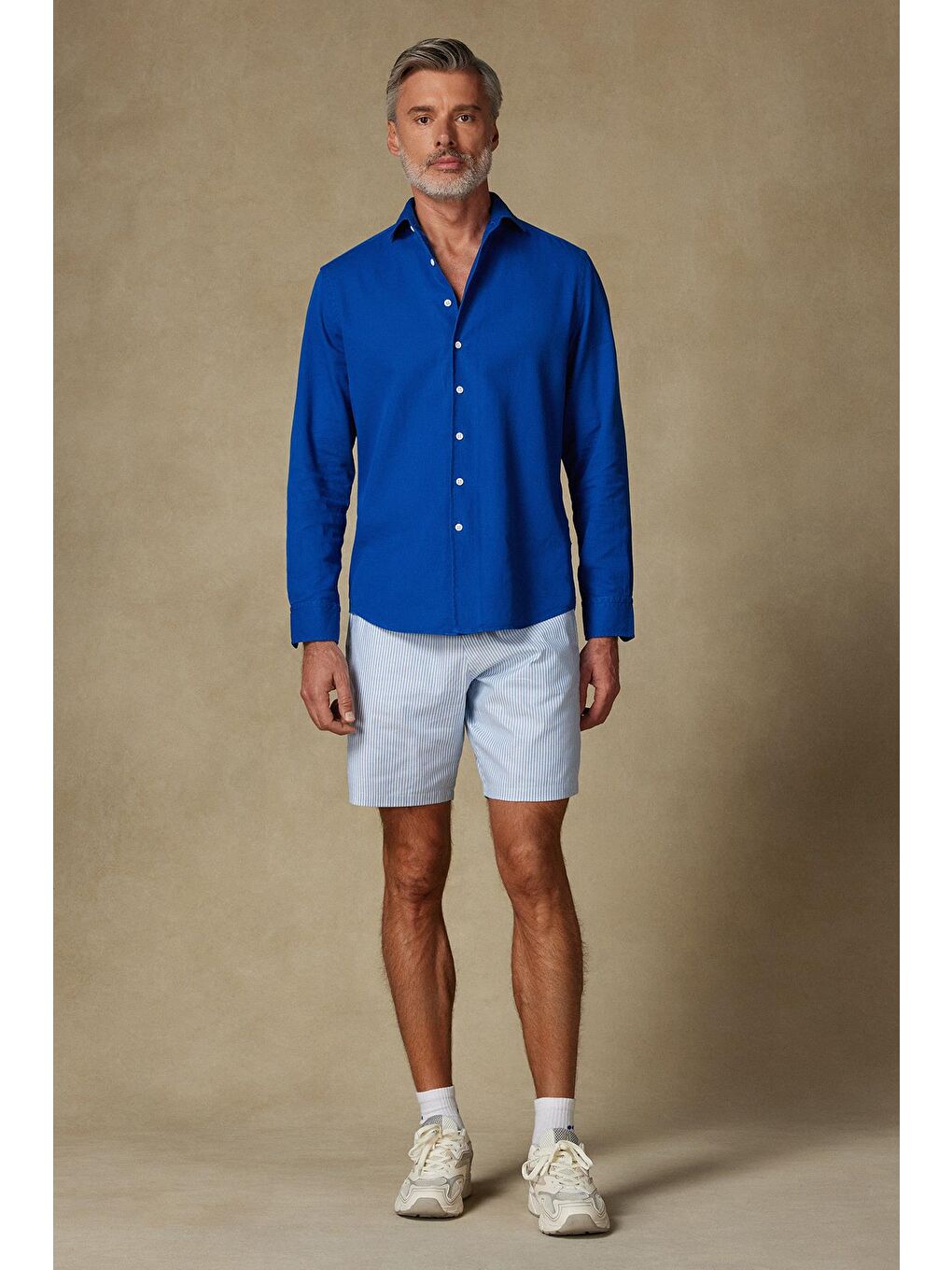 Sky Oxford Stretch Pamuk Karışımlı Comfort Fit Açık Mavi Erkek Çizgili Şort