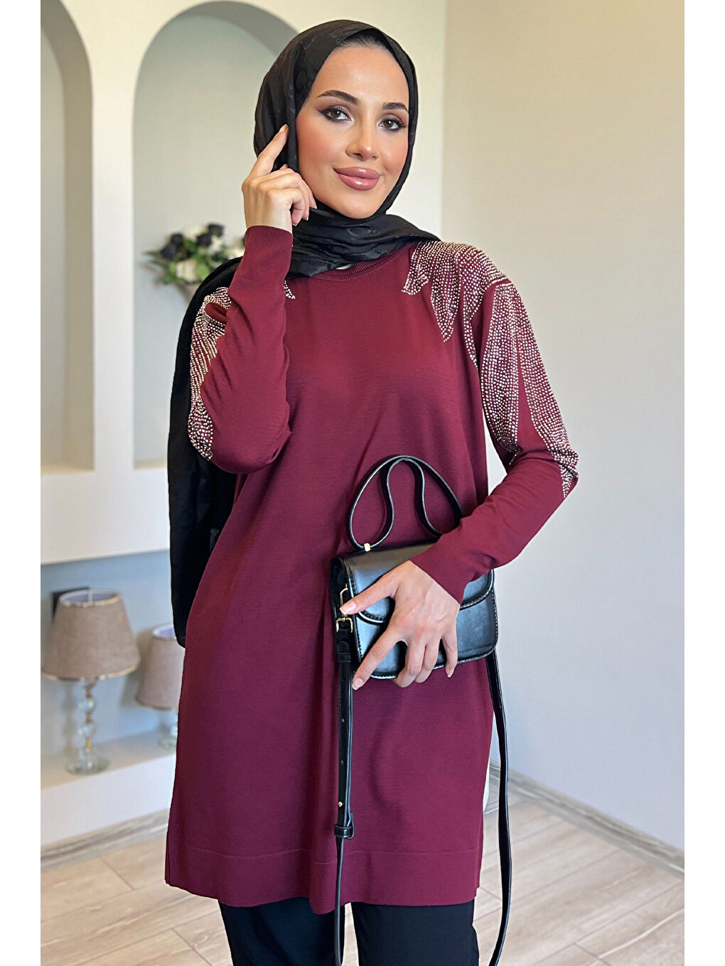 Bordo Omuz Taşlı Tesettür Triko Tunik-5