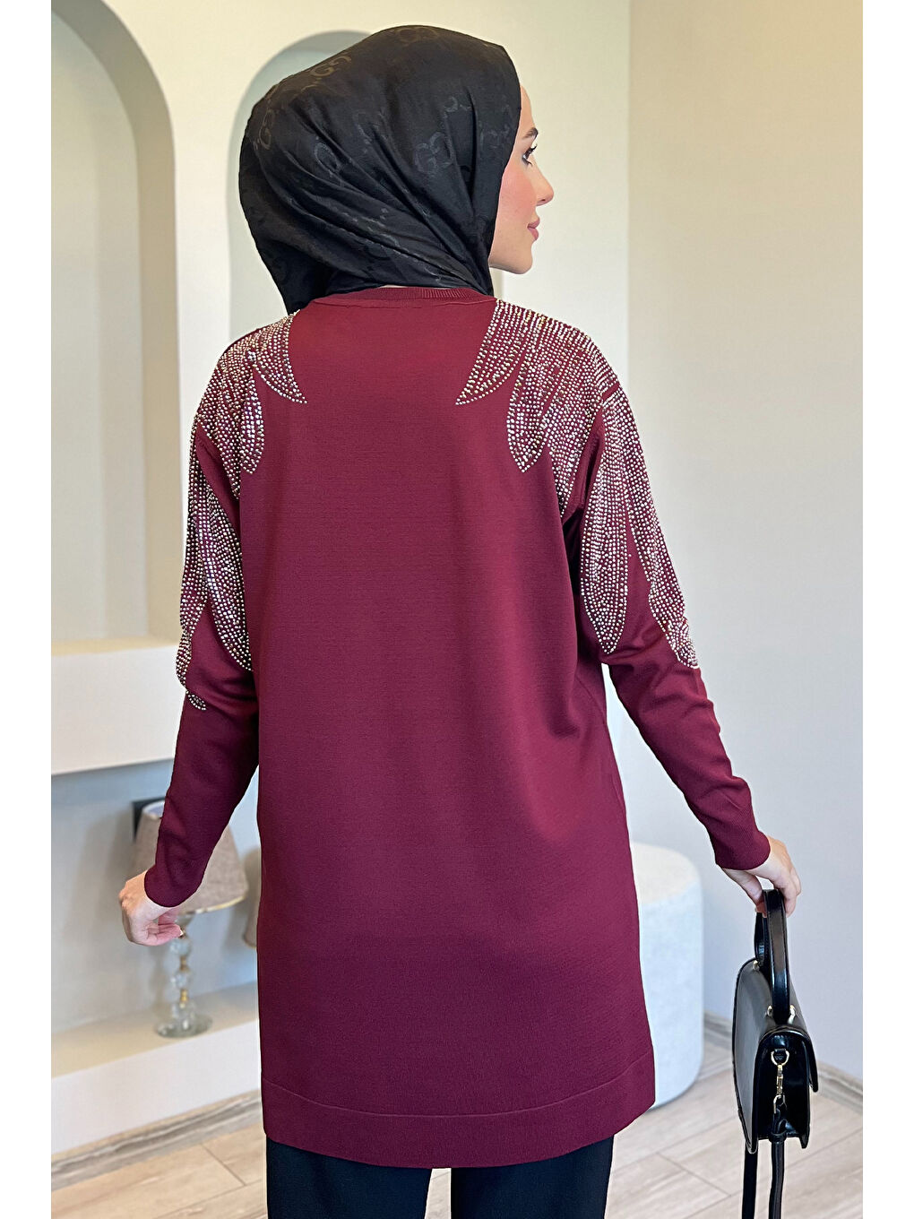 Bordo Omuz Taşlı Tesettür Triko Tunik-6