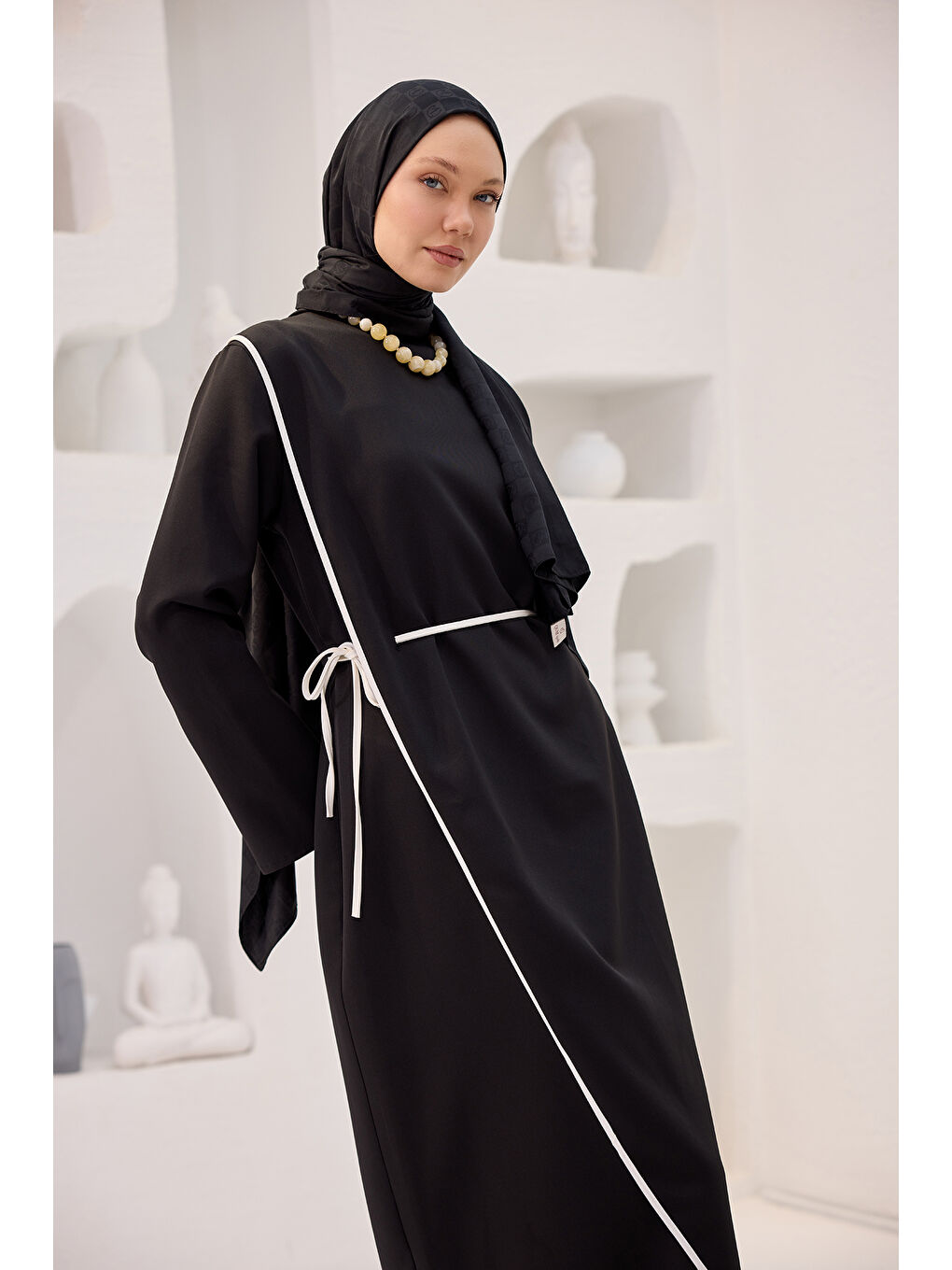 Kadın Biyeli Kendinden Bağlı Scuba Elbise  Siyah-3