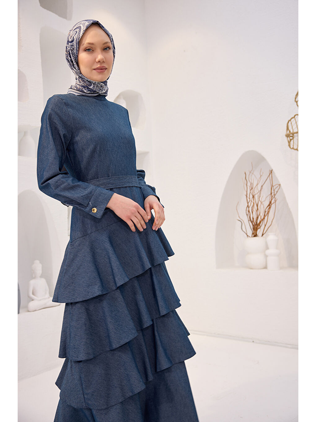 Locco Moda Kadın Eteği Volanlı Jean Görünümlü Elbise Koyu Mavi - 1