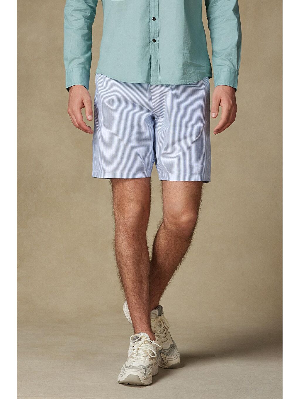 Sky Oxford Stretch Pamuk Karışımlı Comfort Fit Koyu Mavi Erkek Çizgili Şort-1