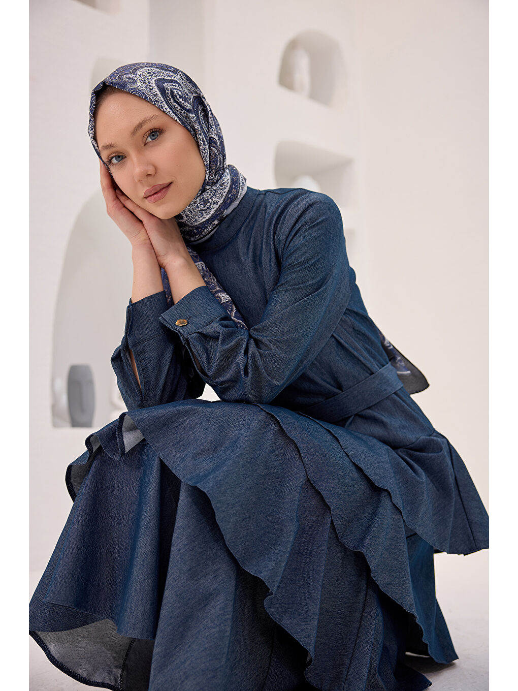 Locco Moda Kadın Eteği Volanlı Jean Görünümlü Elbise Koyu Mavi - 2