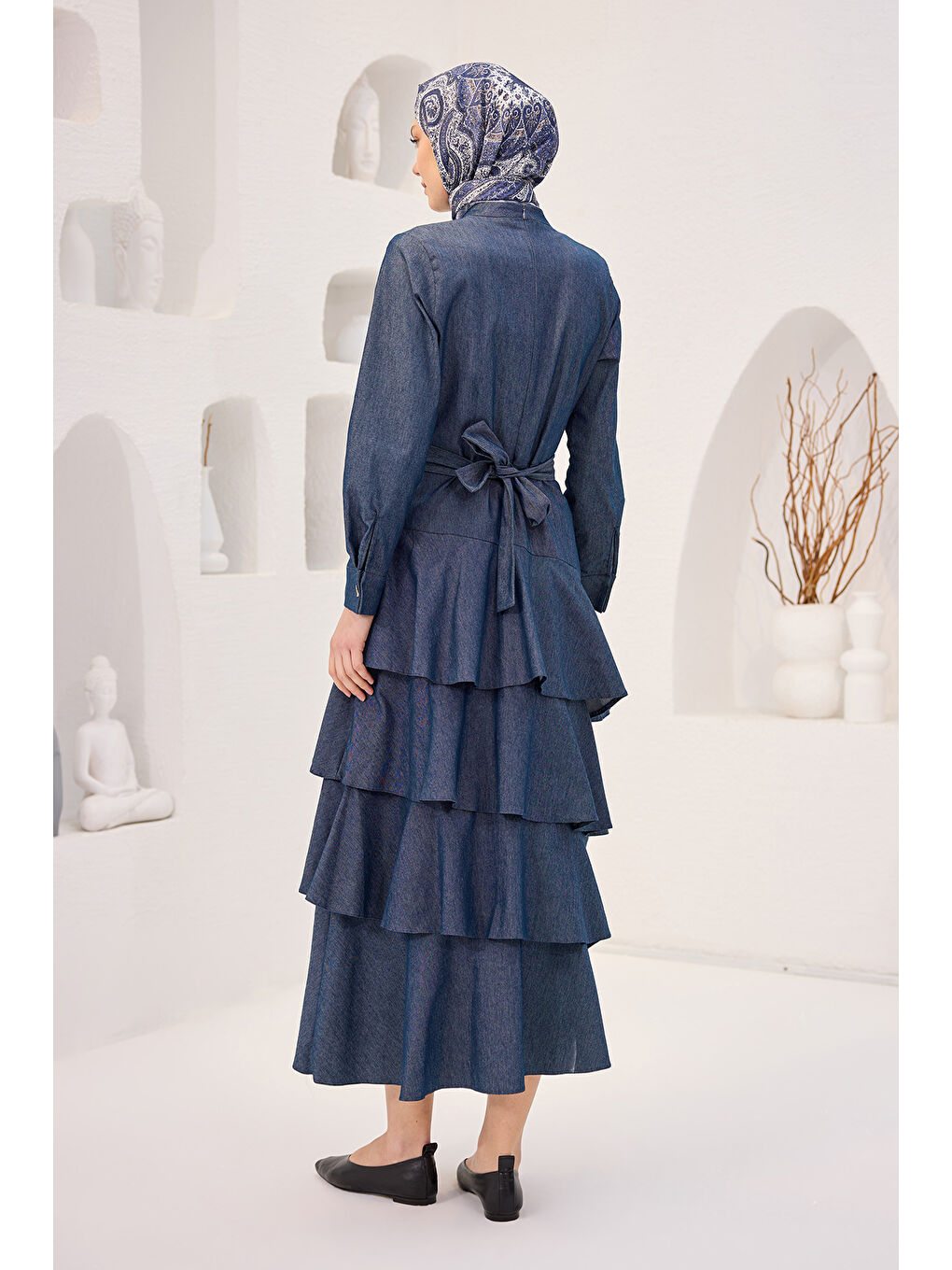 Locco Moda Kadın Eteği Volanlı Jean Görünümlü Elbise Koyu Mavi - 4
