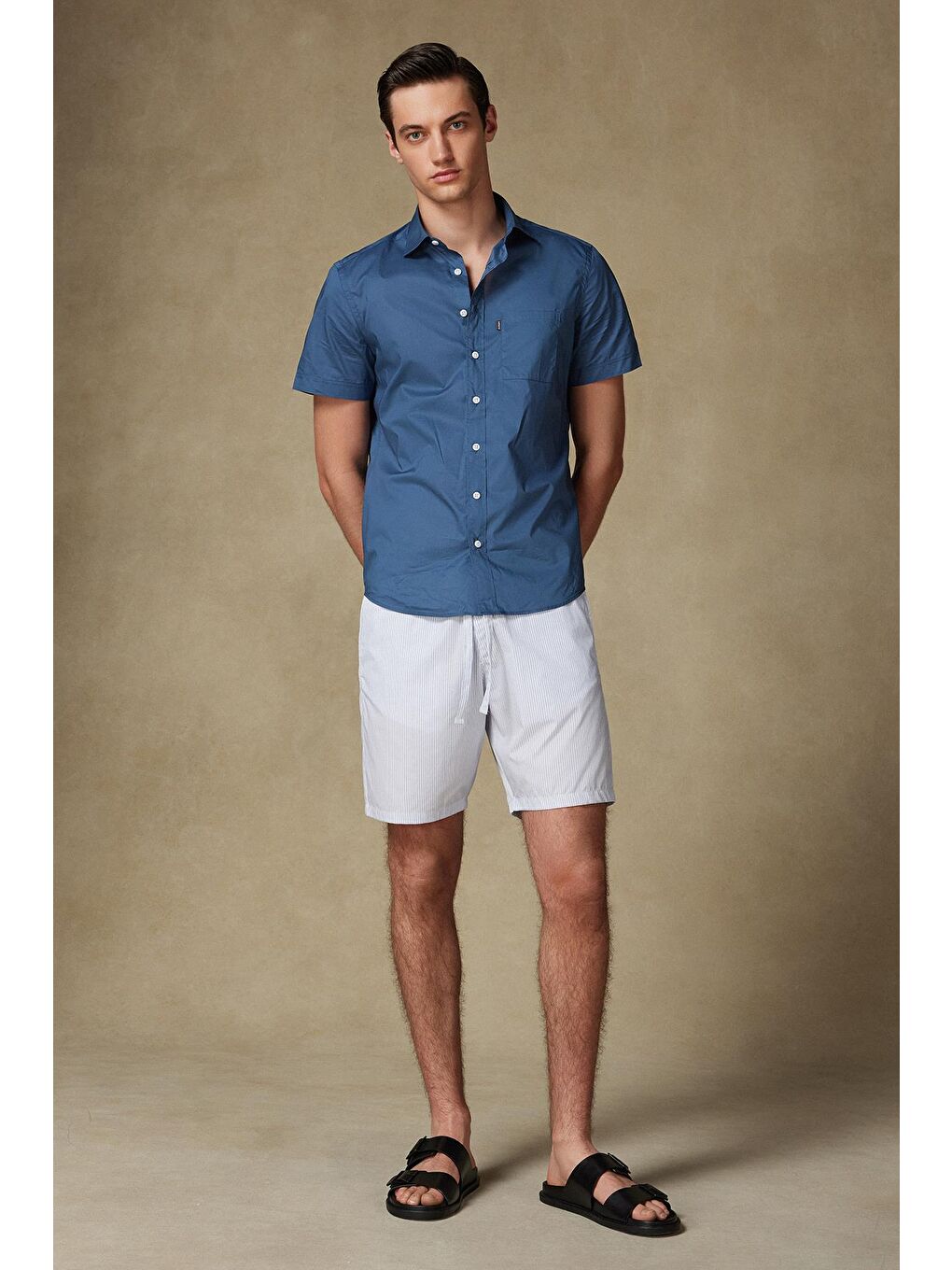 Sky Poplin Pamuklu Comfort Fit Açık Mavi Erkek Çizgili Şort
