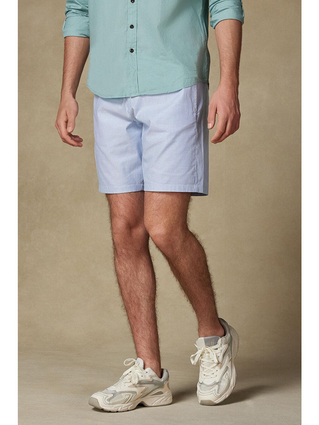 Sky Oxford Stretch Pamuk Karışımlı Comfort Fit Koyu Mavi Erkek Çizgili Şort-2