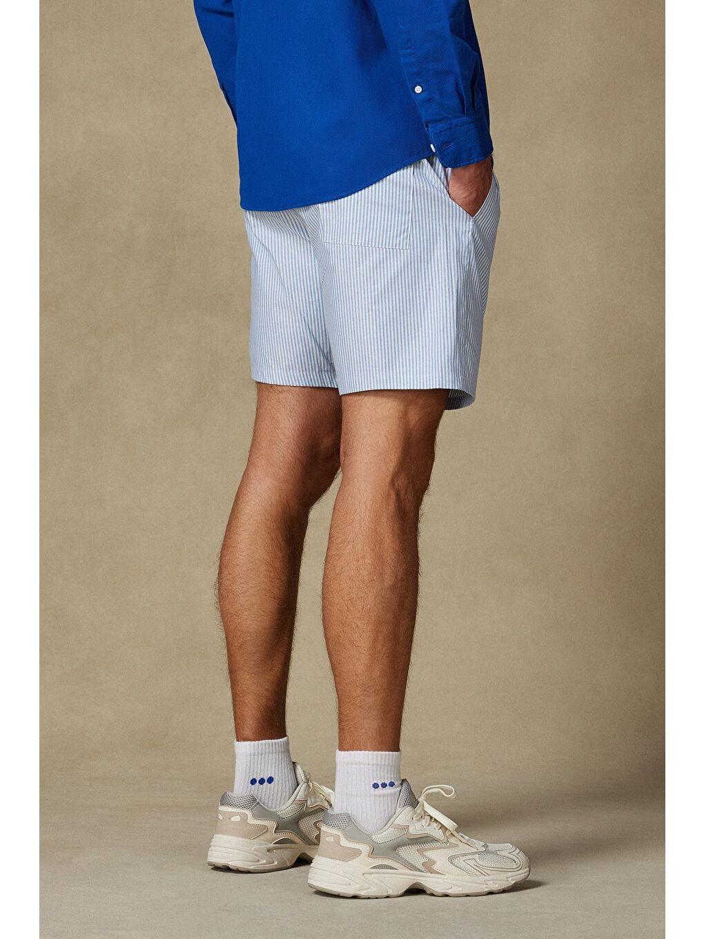 Sky Oxford Stretch Pamuk Karışımlı Comfort Fit Açık Mavi Erkek Çizgili Şort-3