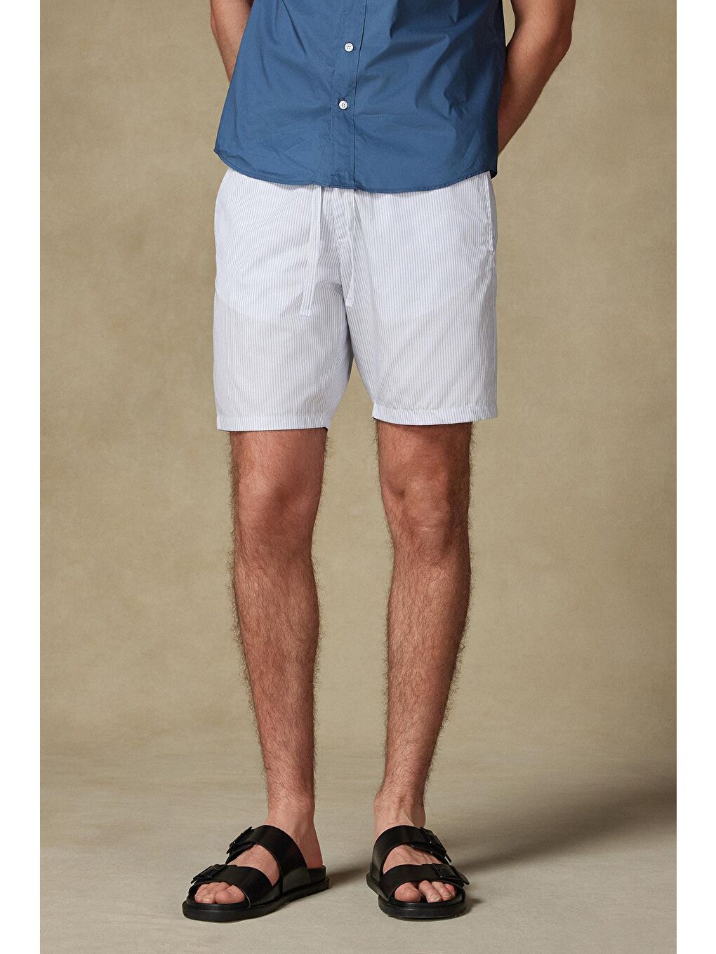 Sky Poplin Pamuklu Comfort Fit Açık Mavi Erkek Çizgili Şort-1