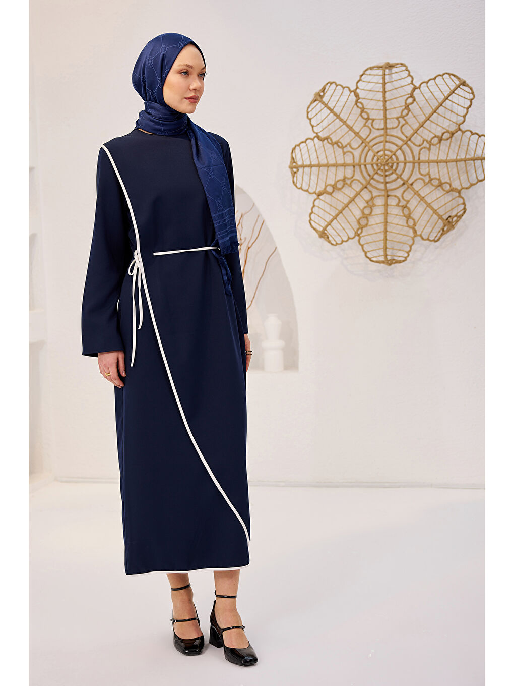 Kadın Biyeli Kendinden Bağlı Scuba Elbise  Lacivert-2