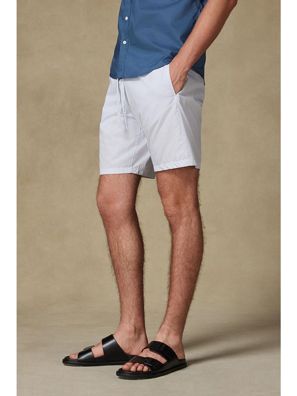 Sky Poplin Pamuklu Comfort Fit Açık Mavi Erkek Çizgili Şort-2