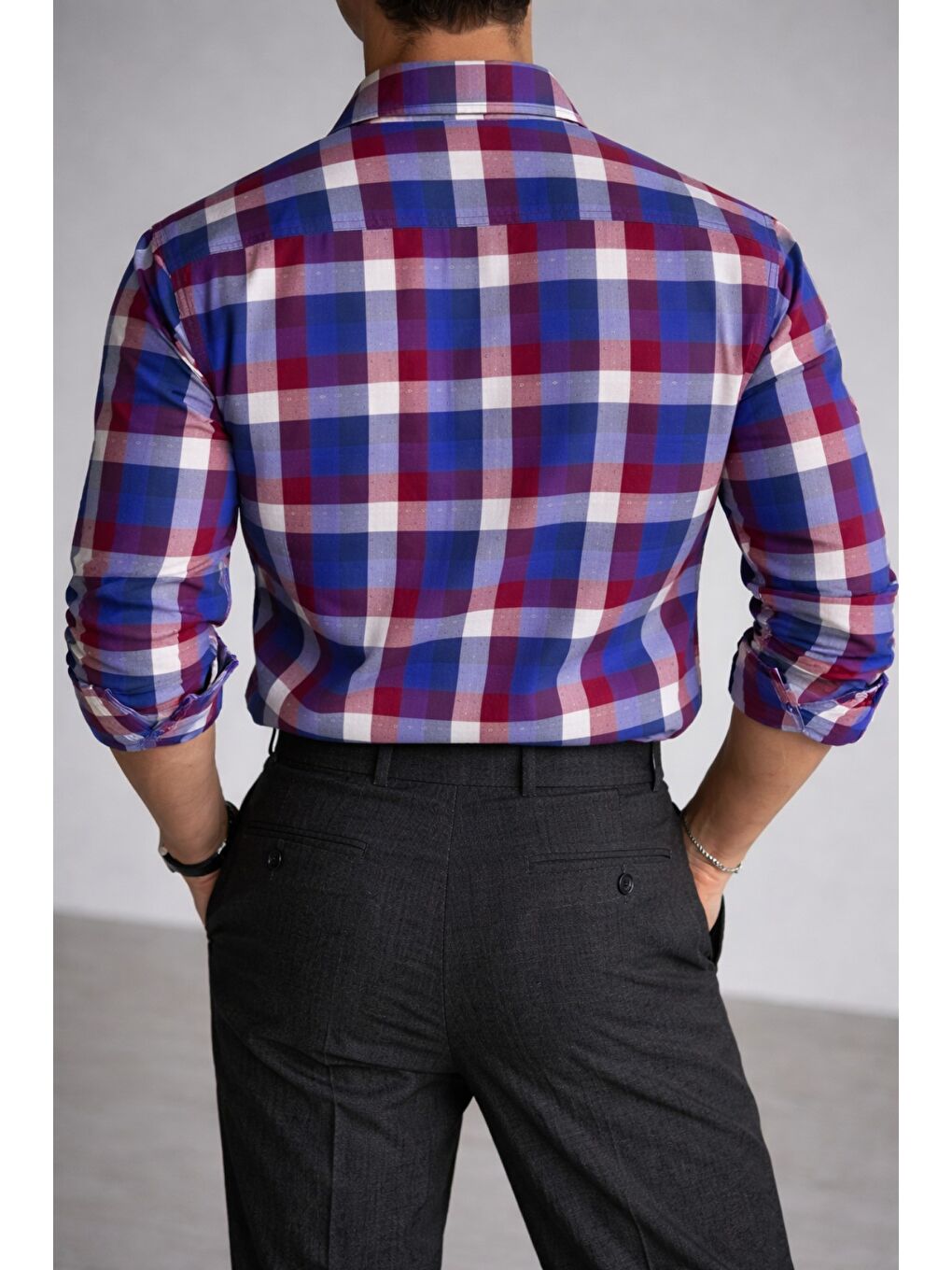 Bordo Erkek Ekose Gömlek Slim Fit Pamuklu Uzun Kollu Günlük Gömlek-1