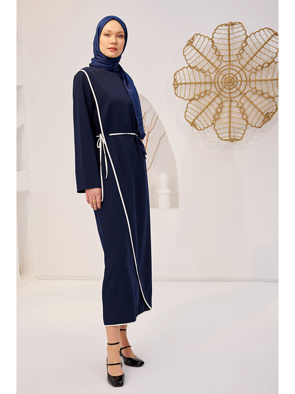 Kadın Biyeli Kendinden Bağlı Scuba Elbise  Lacivert-3