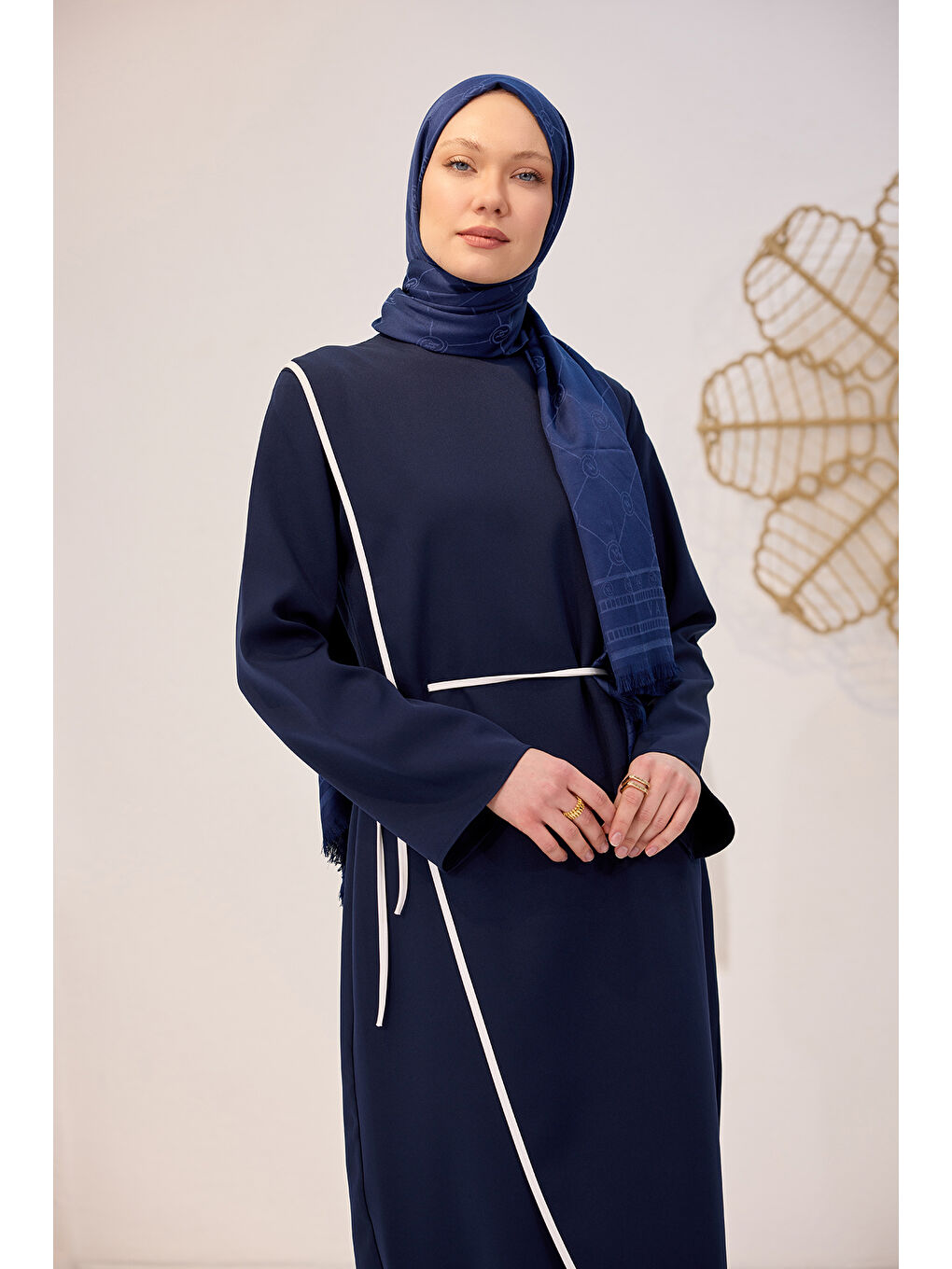 Kadın Biyeli Kendinden Bağlı Scuba Elbise  Lacivert-4