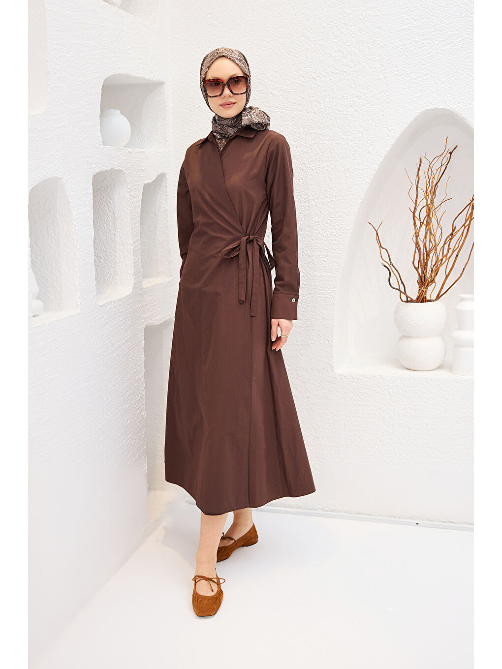 Kadın Poplin Yan Bağlamalı Elbise Kahverengi